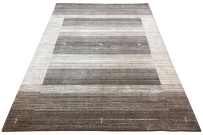 Rug with a broad horizontal striped pattern in shades of gray and beige, rectangular border.