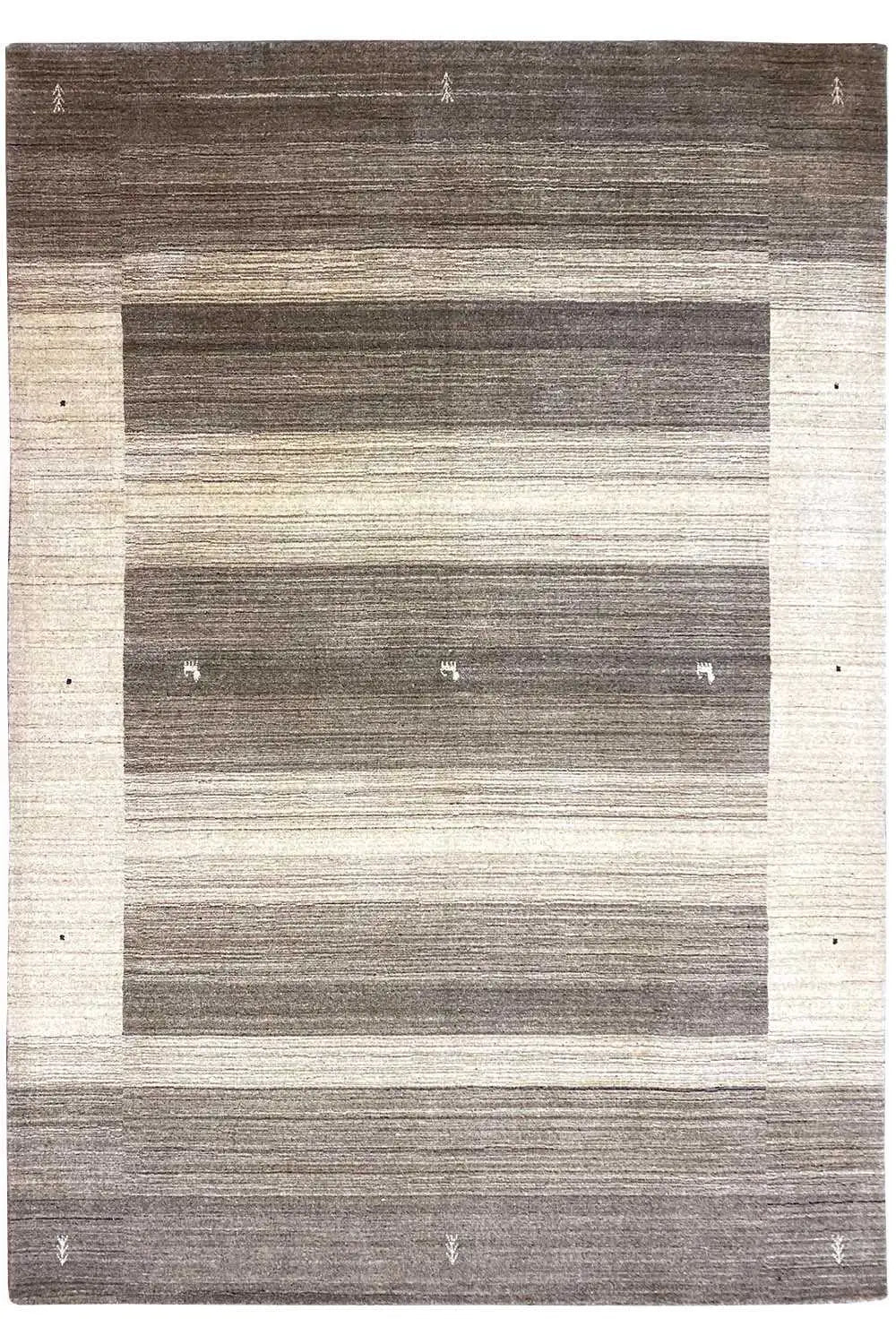 Rectangular rug with a striped pattern in dark gray and beige, with a light border and accents.