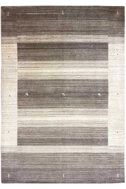 Rectangular rug with a striped pattern in dark gray and beige, with a light border and accents.