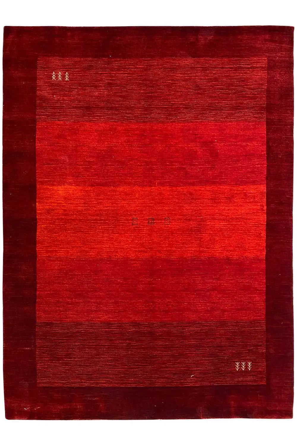 Red Gabbeh rug (242x175 cm) with a central field, dark border, and small ornaments.