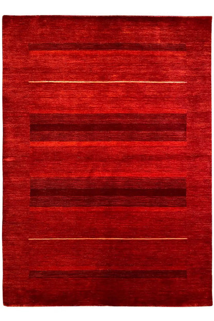 Gabbeh rug with rectangular zones and narrow lines in shades of red, front view