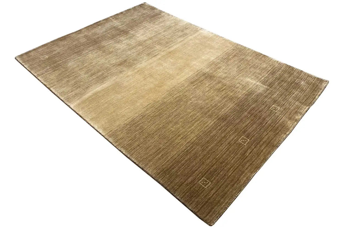 Gabbeh rug (200x139 cm), corner view, even weave, beige-brown
