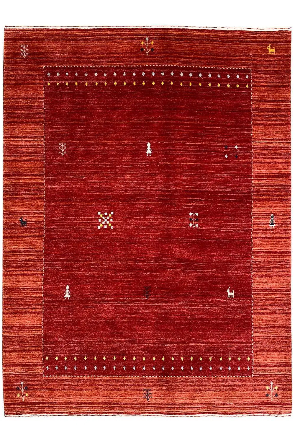 Gabbeh rug 199x143 cm, dark red pattern with border and small symbols