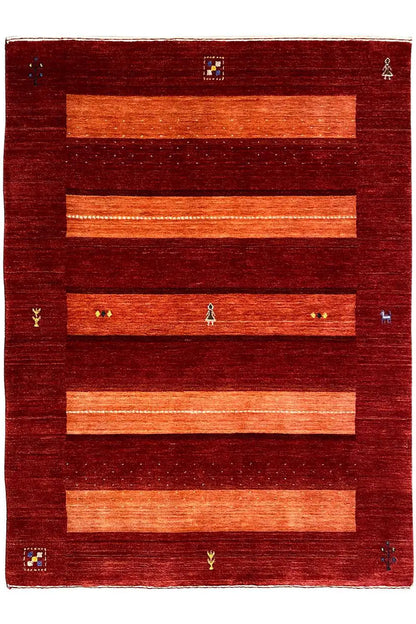 Red Gabbeh rug with rectangular orange stripes and small decorative patterns