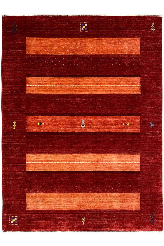 Red Gabbeh rug with rectangular orange stripes and small decorative patterns