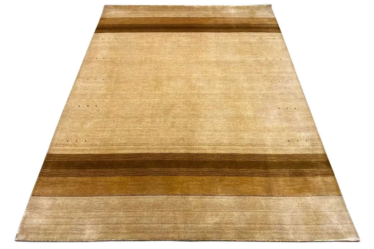 Large rectangular rug with a beige base and brown stripes in a runner style