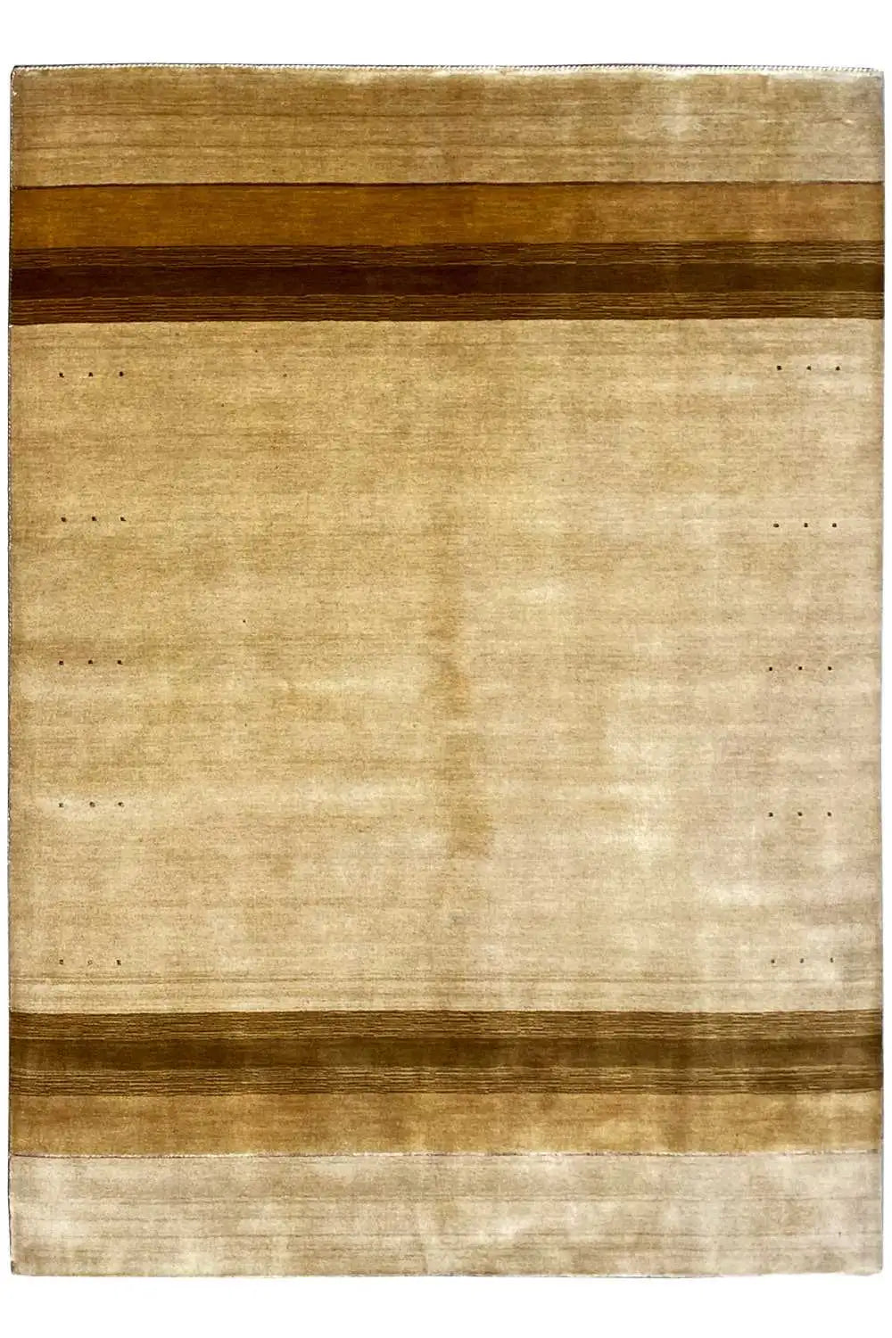 Rectangular rug with beige areas and two brown horizontal bands