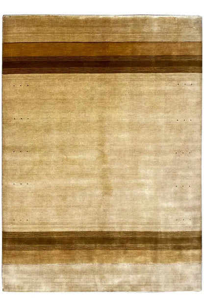 Rectangular rug with beige areas and two brown horizontal bands
