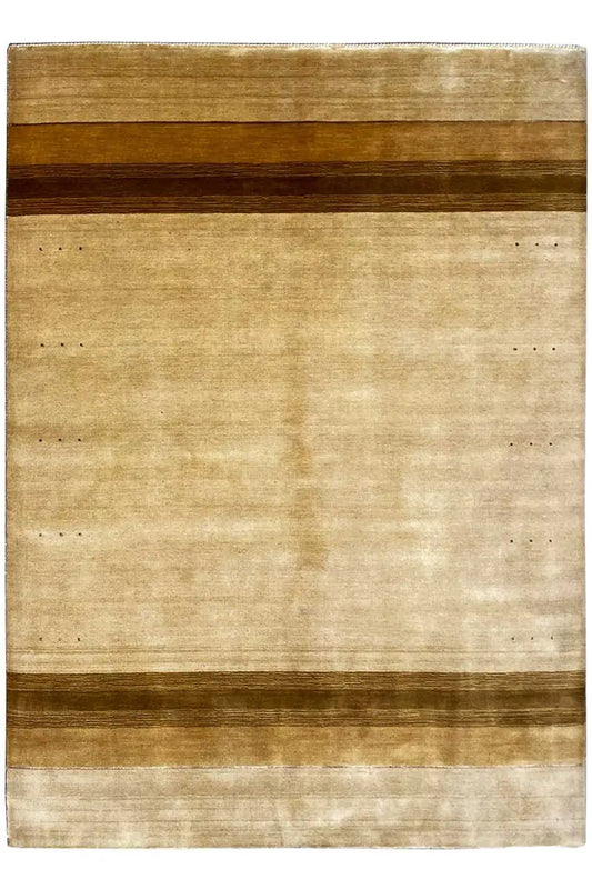 Rectangular rug with beige areas and two brown horizontal bands
