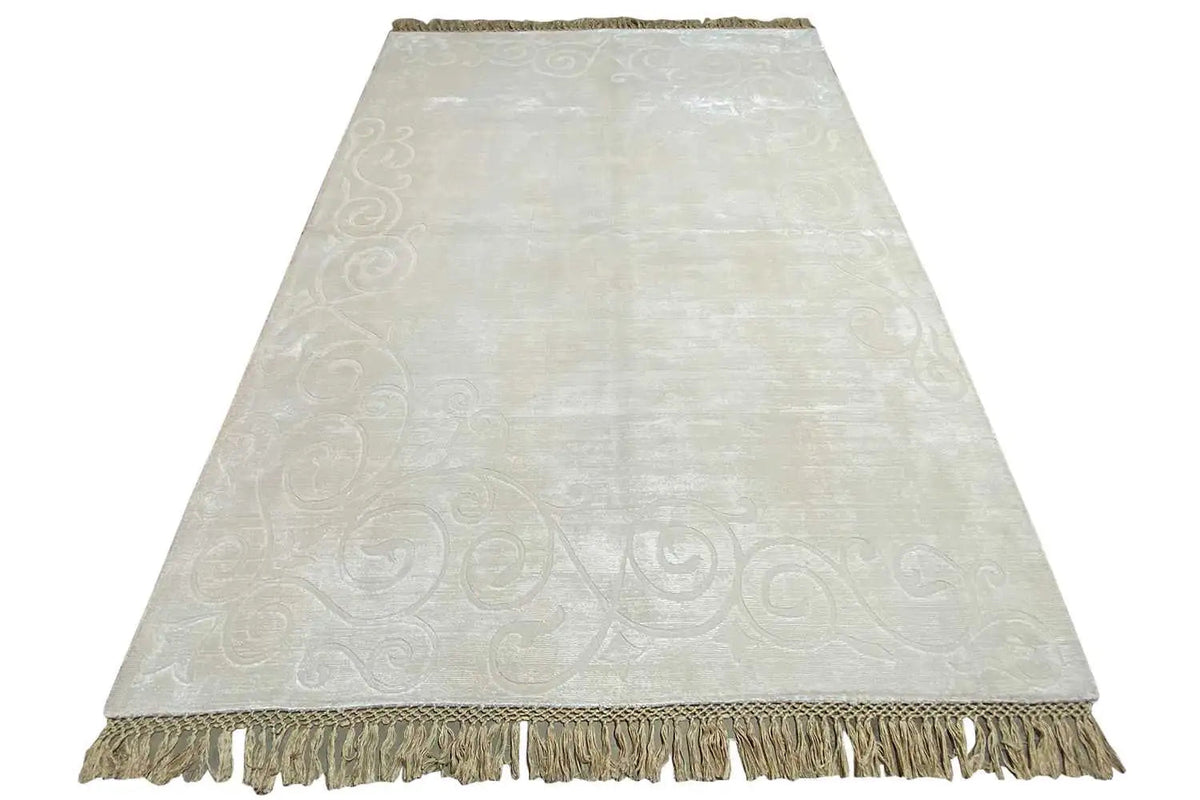 Gabbeh rug 224x170 cm, cream-colored, loop ornaments, fringes all around