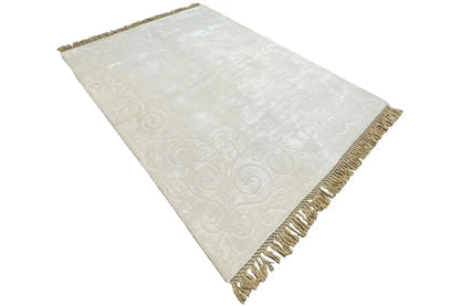 Gabbeh rug 224x170 cm, cream, diagonal view with fringes along the edges