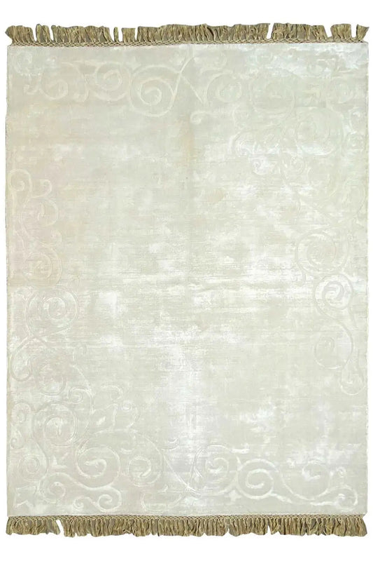 Gabbeh rug 224x170 cm in cream, ornamental pattern, gold fringes