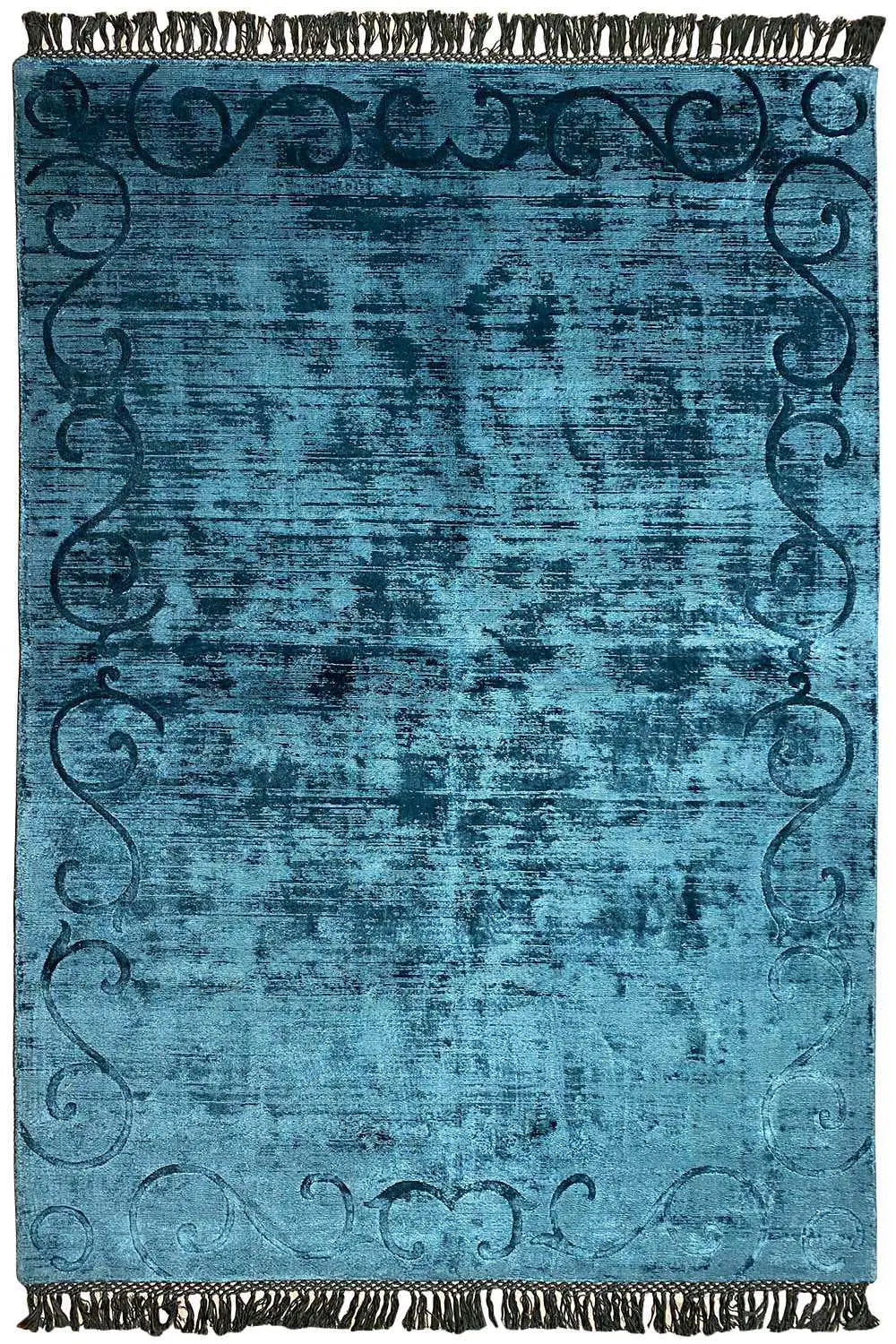 Blue Gabbeh rug with border, floral ornamentation and fringes