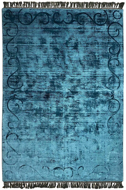 Blue Gabbeh rug with border, floral ornamentation and fringes