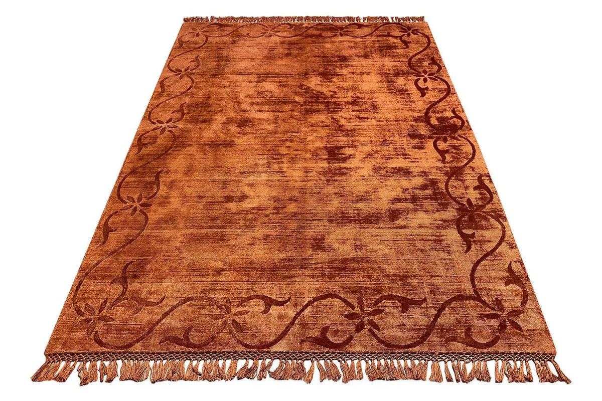 Gabbeh rug 238x174 cm, rust brown with an ornamental border and fringes along the edge