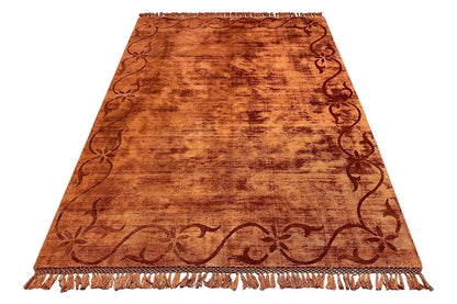 Gabbeh rug 238x174 cm, rust brown with an ornamental border and fringes along the edge