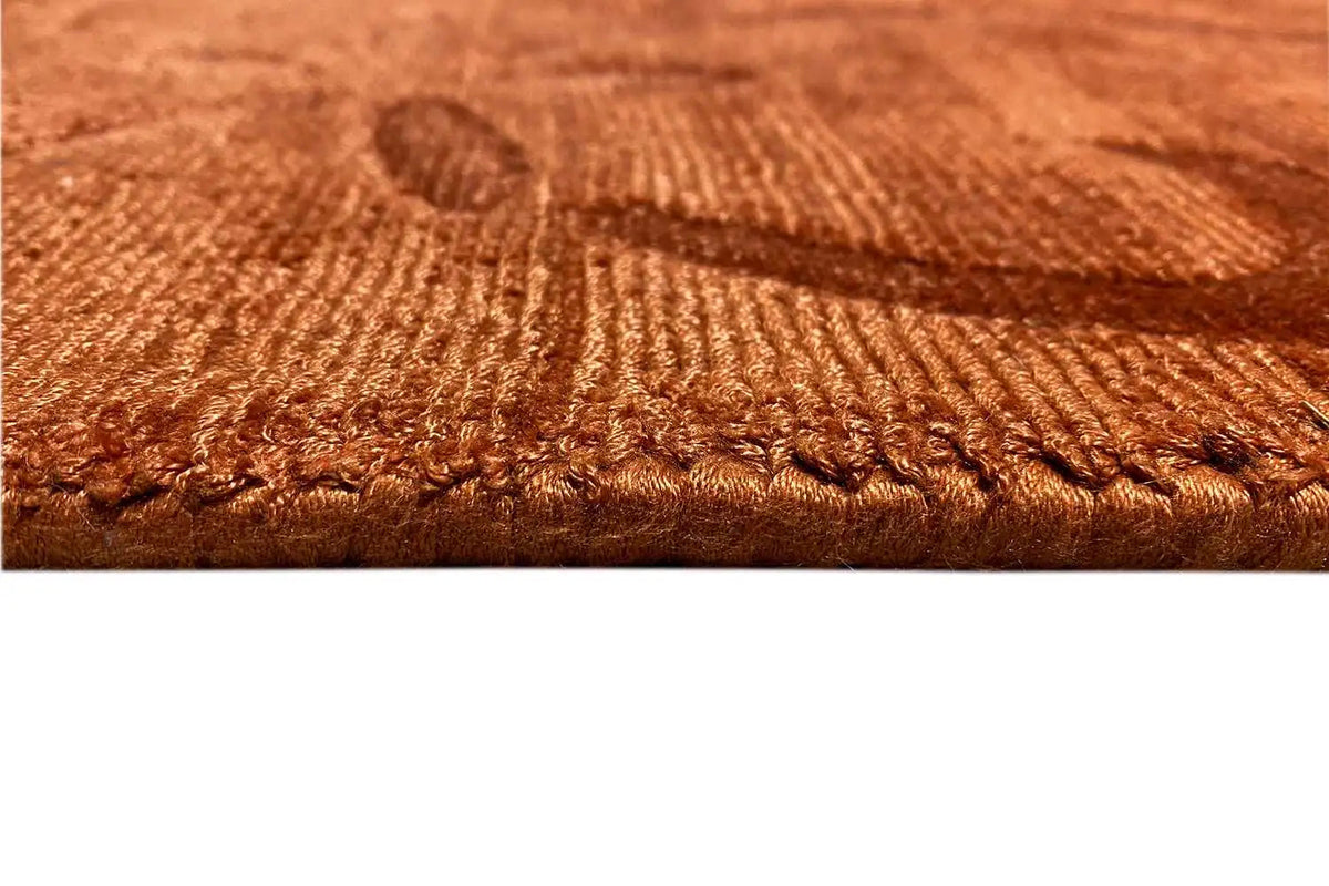 Gabbeh rug detail: rust-brown woven texture with fringes along the rug’s edge