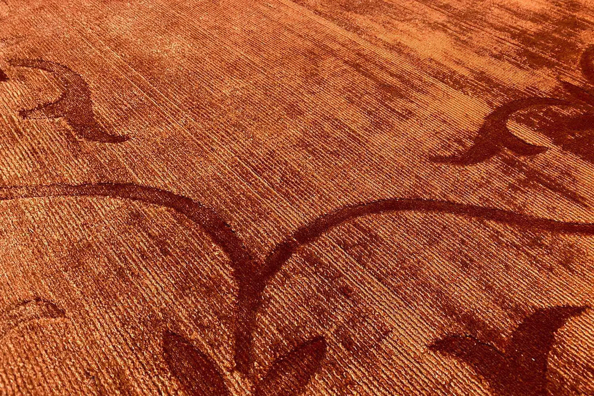 Gabbeh rug detail: rust-brown relief with a floral vine pattern