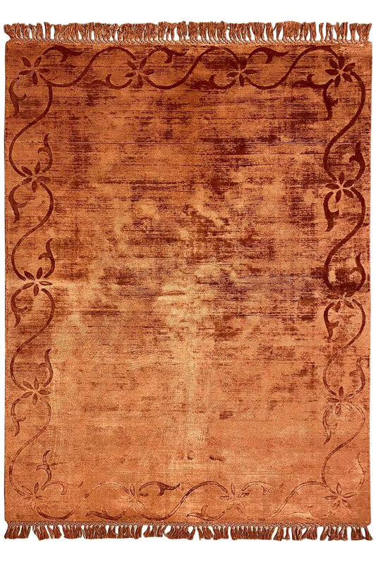 Gabbeh rug 238x174 cm, rust brown with border and fringe, central vine pattern