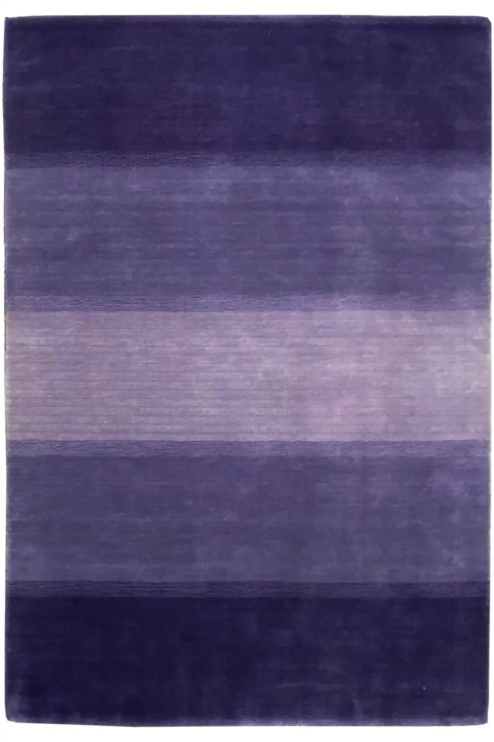 Rectangular Gabbeh rug with horizontal stripes in purple and blue.
