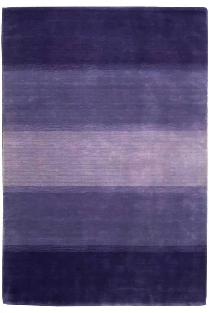 Rectangular Gabbeh rug with horizontal stripes in purple and blue.