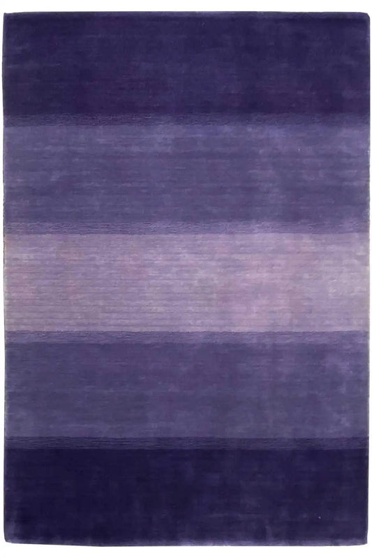 Rectangular Gabbeh rug with horizontal stripes in purple and blue.