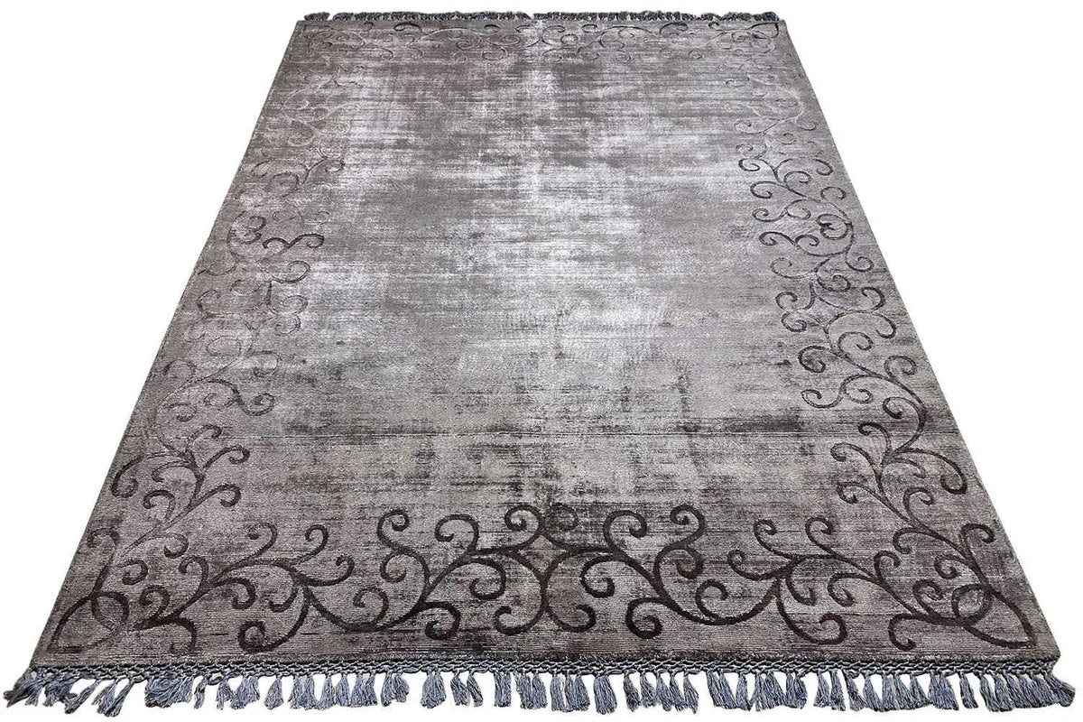Gabbeh rug, gray field pattern with ornamental border, fringes