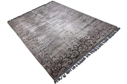 Rectangular Gabbeh rug, gray relief with dark ornaments, fringes
