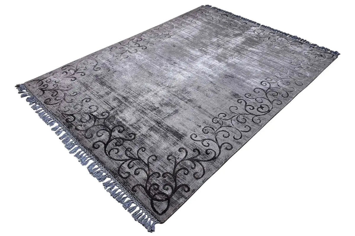 Rectangular Gabbeh rug, gray pattern with dark vines, fringes