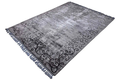 Rectangular Gabbeh rug, gray pattern with dark vines, fringes