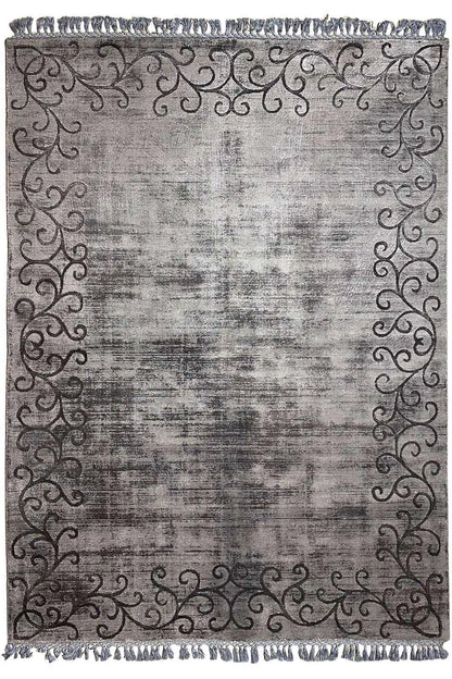 Gabbeh rug with a gray pattern and dark border, fringes along the edge