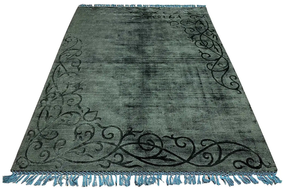 Gabbeh rug 242x173 cm dark green, all-over ornament, blue decorative fringe
