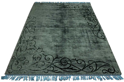 Gabbeh rug 242x173 cm dark green, all-over ornament, blue decorative fringe