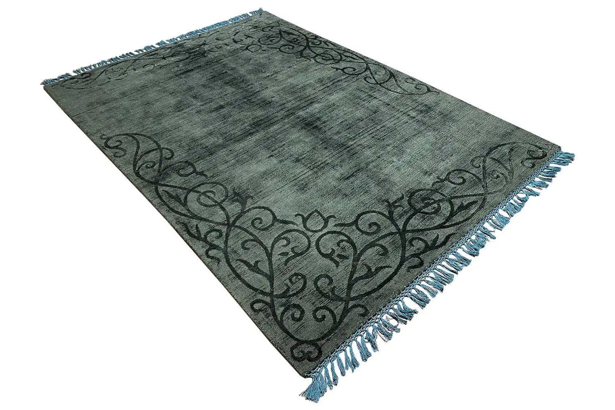 Gabbeh rug 242x173 cm, dark green with twisted ornaments and blue fringes