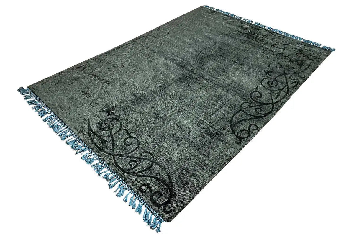 Gabbeh rug 242x173 cm dark green, ornamental border, blue fringes along the edges