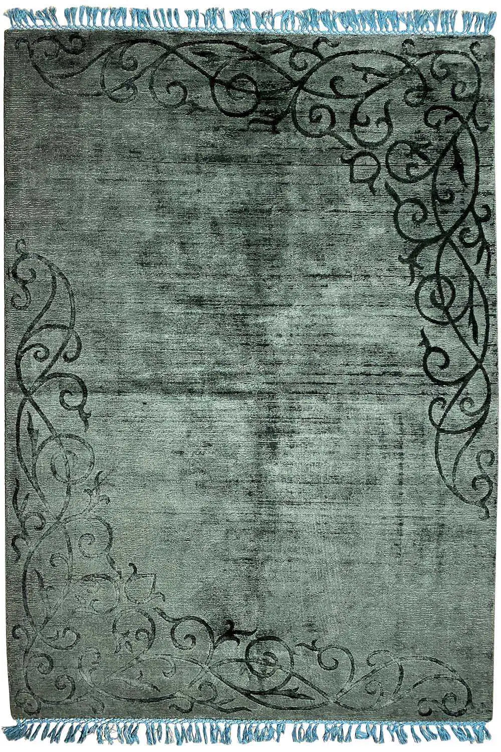 Gabbeh rug 242x173 cm in dark green with ornaments and blue fringes