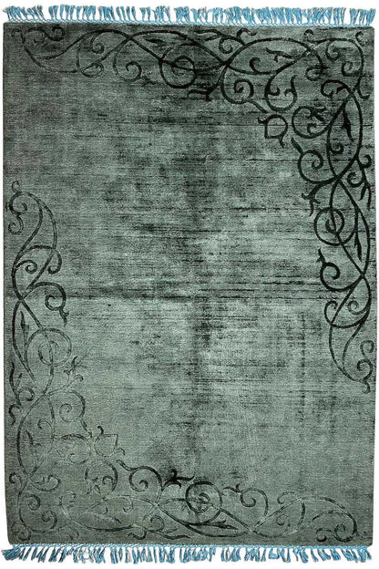 Gabbeh rug 242x173 cm in dark green with ornaments and blue fringes