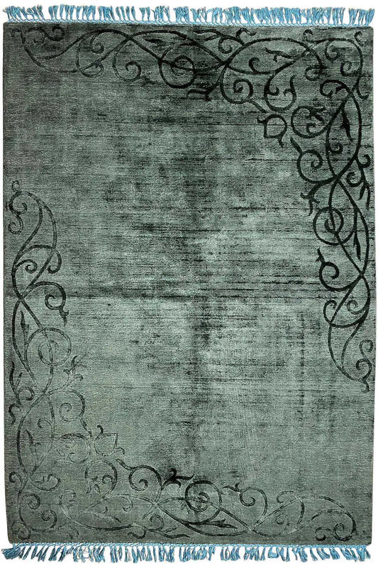 Gabbeh rug 242x173 cm in dark green with ornaments and blue fringes