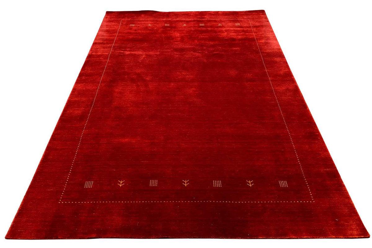 Gabbeh rug, red woven rug with decorative lines and border, approx. 297x198 cm