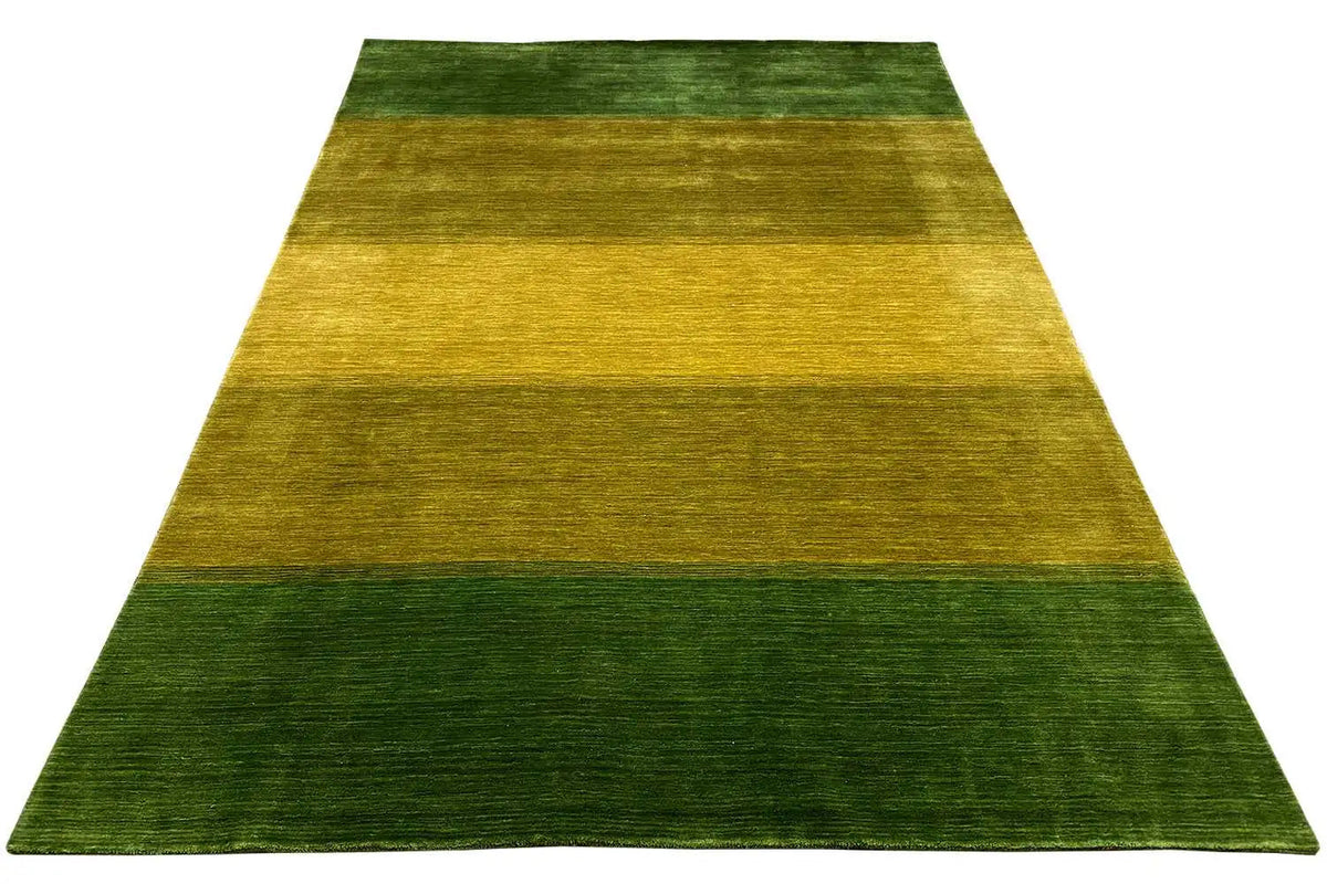 Gabbeh rug 300x200 cm: horizontal stripes in green and yellow, wide rug