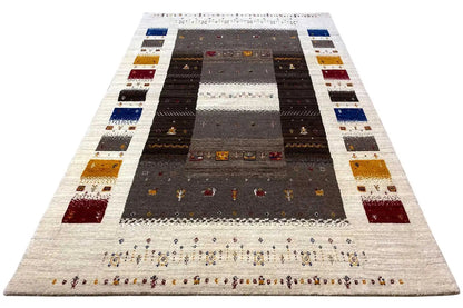 Rug with a dark center, a light striped frame, and colorful borders