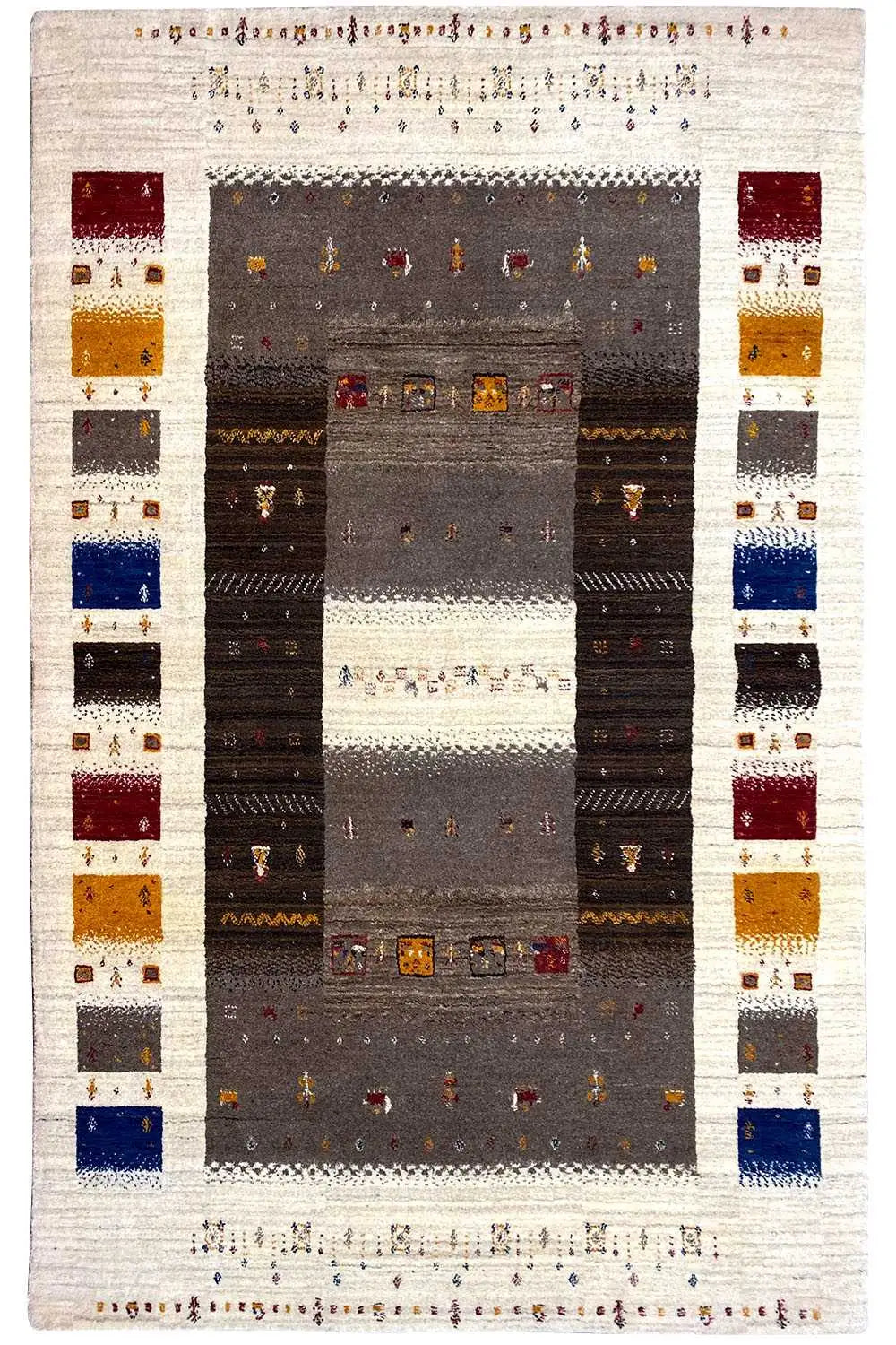 Rug with a light border, dark central sections, and colorful tiles