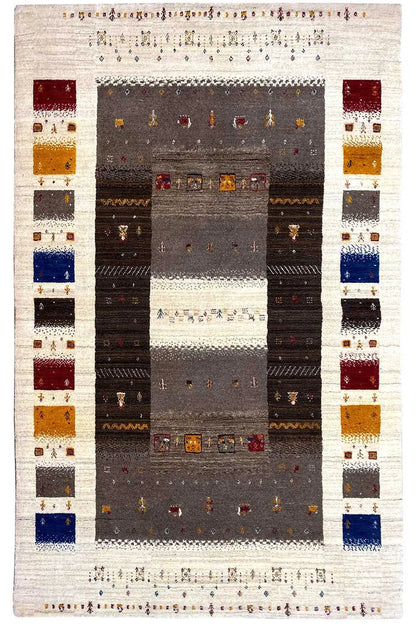 Rug with a light border, dark central sections, and colorful tiles