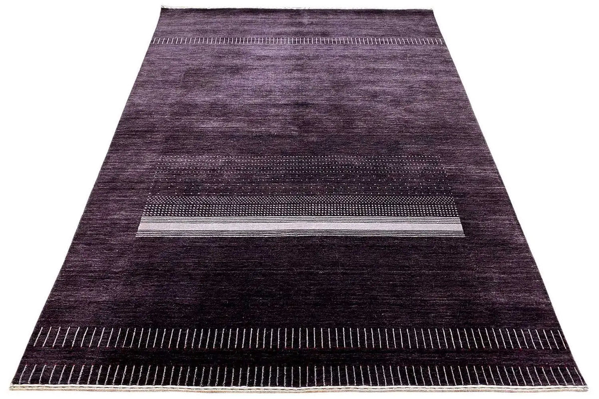 Gabbeh rug 242x172 cm, dark violet, with central stripe and straight selvedge