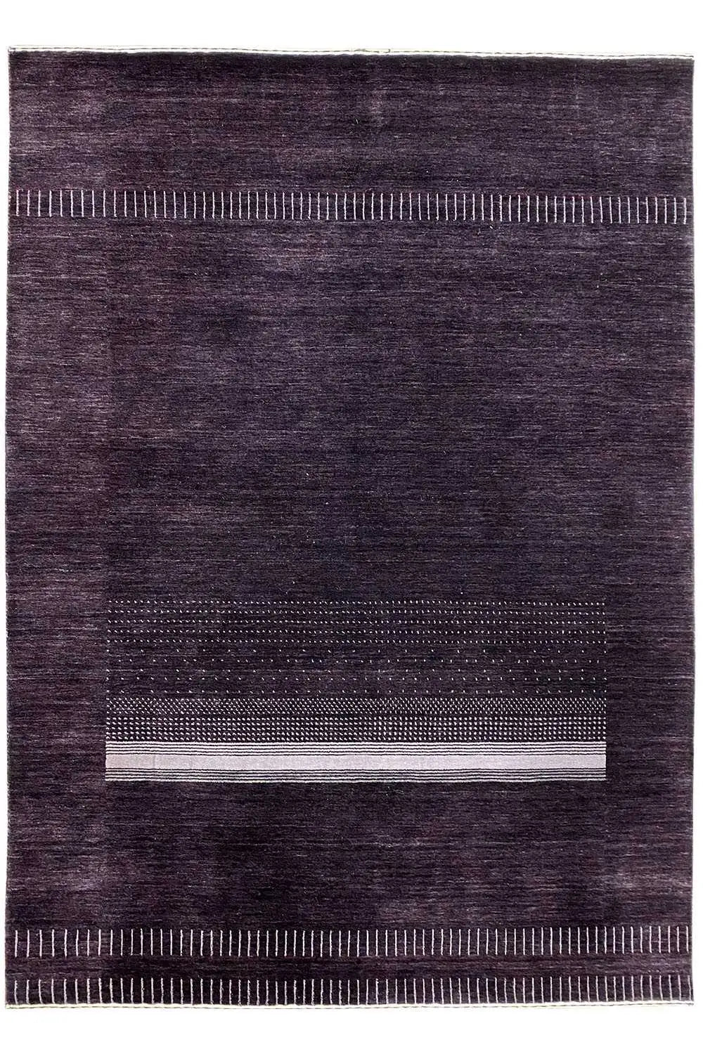 Gabbeh rug 242x172 cm, dark purple with light stripes and a border