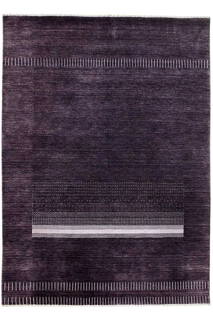 Gabbeh rug 242x172 cm, dark purple with light stripes and a border