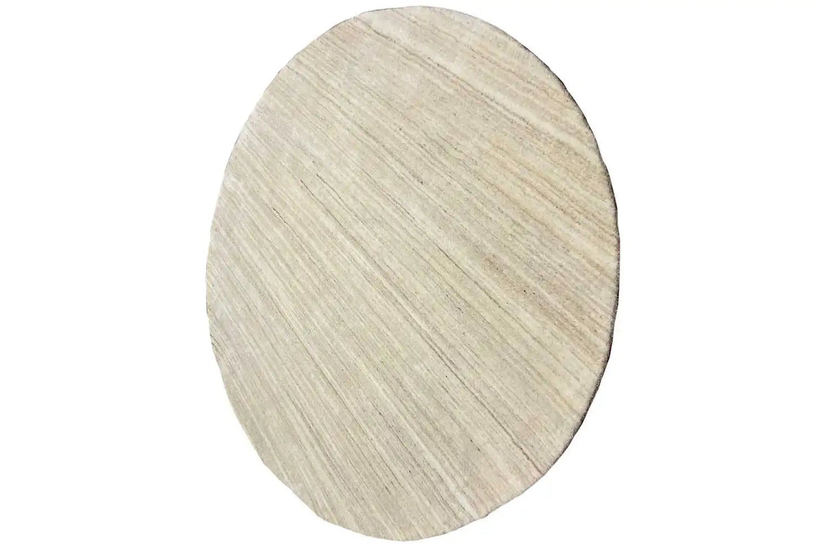 Round Gabbeh rug, beige color, oval perspective, 151x151 cm