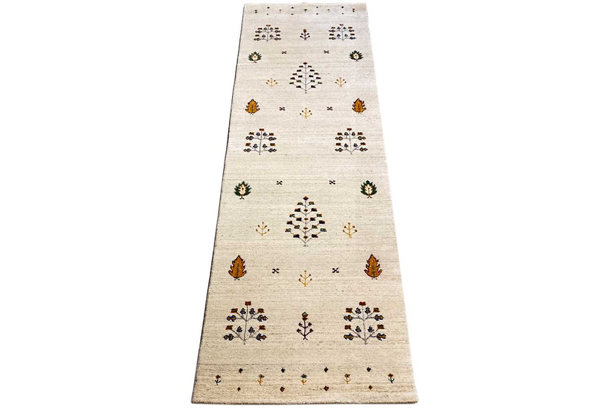 Gabbeh runner, beige pile with diamond, floral ornament, and dot patterns, narrow