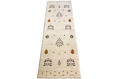 Gabbeh runner, beige pile with diamond, floral ornament, and dot patterns, narrow