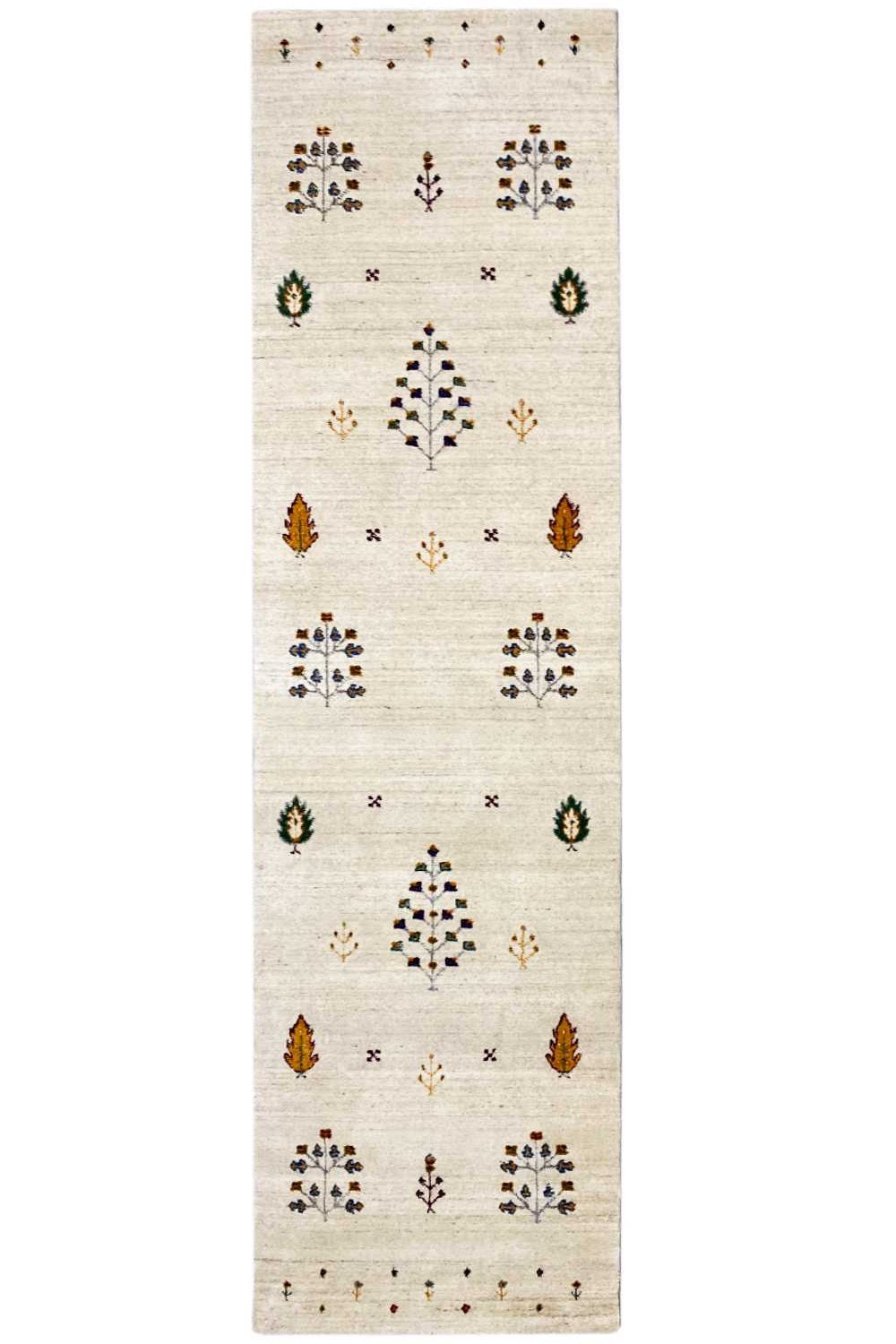 Gabbeh runner with a beige background and colorful geometric patterns, rectangular (82x299 cm)